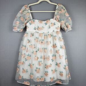 Altar'd State Size XS Floral Chiffon Puff Sleeve Mini Dress Pink Rosette Fairy